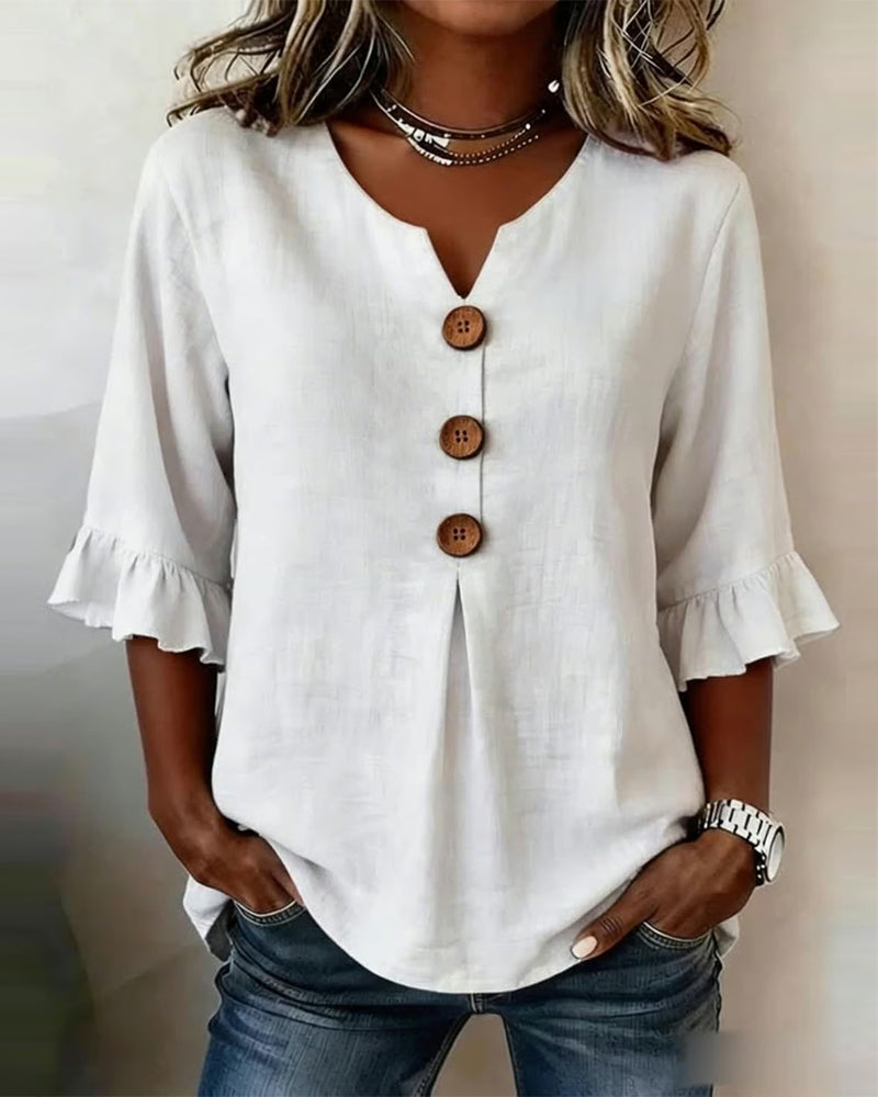 Sofía - Blusas de color liso, de algodón y lino, con botones de madera y volantes
