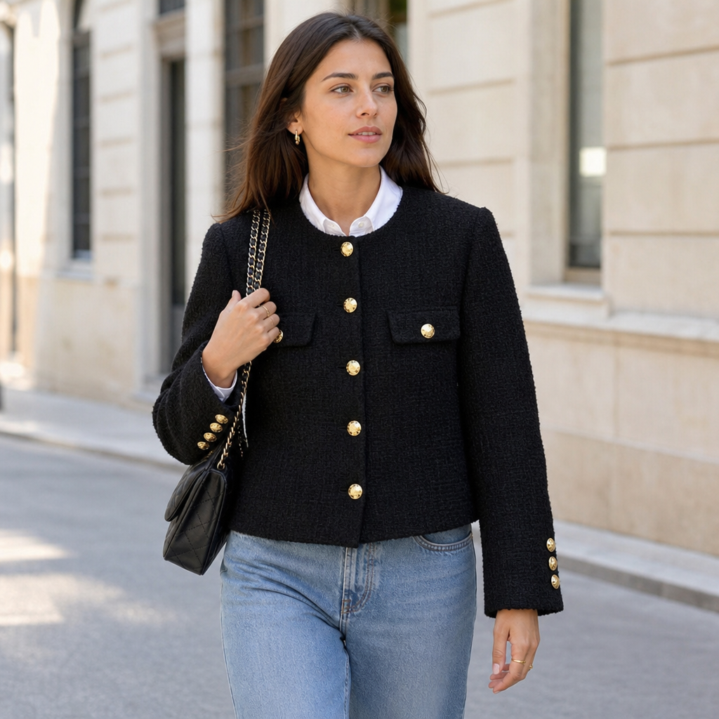 Vanesa | Chaqueta tweed negra con bolsillos