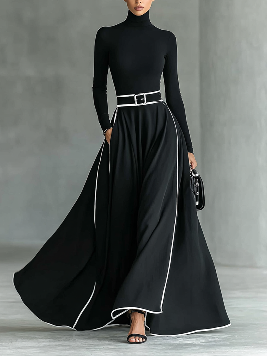 Gina | Vestido maxi de cuello alto con costuras en contraste