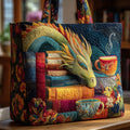 Bolso artesanal Dragón lector con libros y tazas