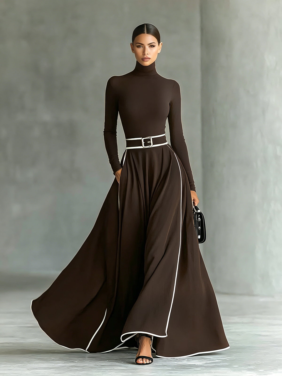 Gina | Vestido maxi de cuello alto con costuras en contraste