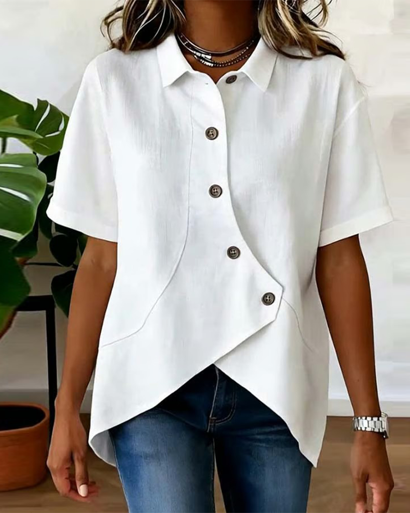 Julia - Blusa asimétrica de algodón y lino con botones