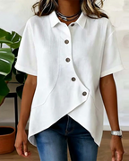 Julia - Blusa asimétrica de algodón y lino con botones