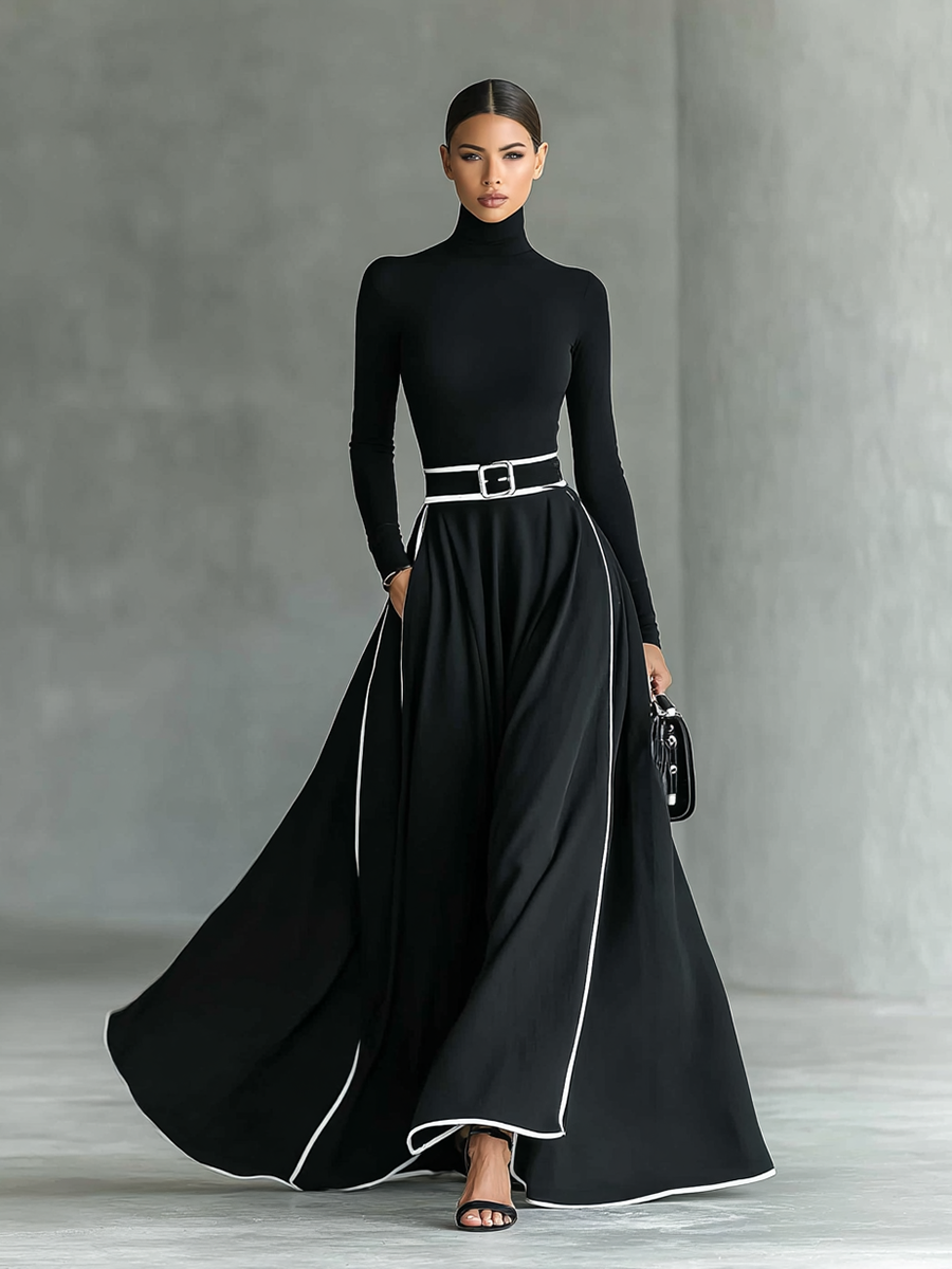 Gina | Vestido maxi de cuello alto con costuras en contraste