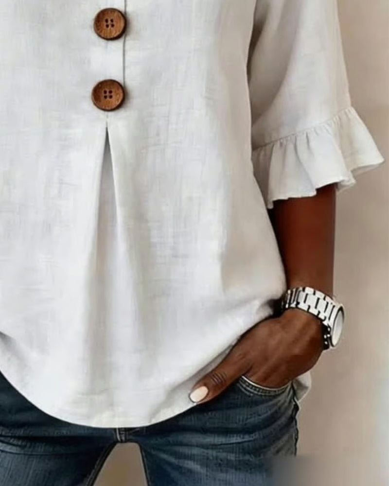 Sofía - Blusas de color liso, de algodón y lino, con botones de madera y volantes