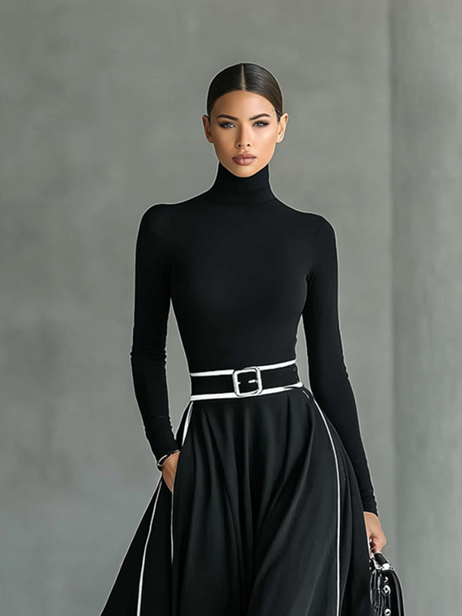 Gina | Vestido maxi de cuello alto con costuras en contraste