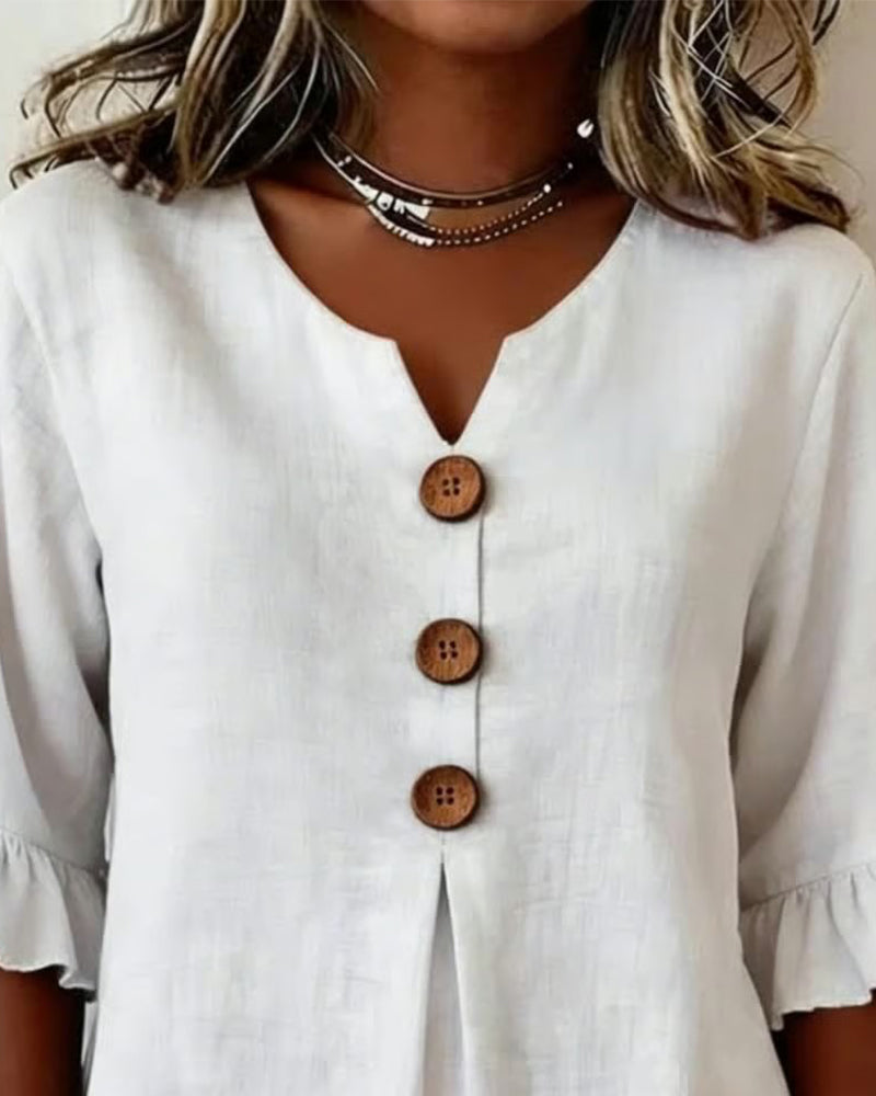 Sofía - Blusas de color liso, de algodón y lino, con botones de madera y volantes