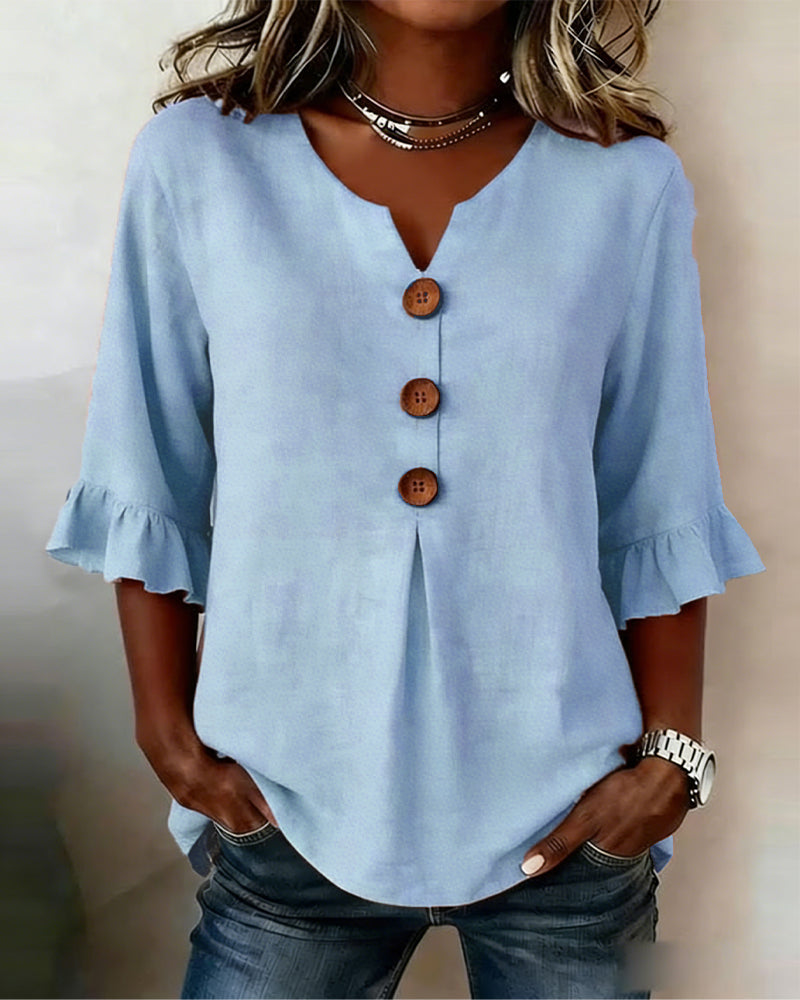 Sofía - Blusas de color liso, de algodón y lino, con botones de madera y volantes