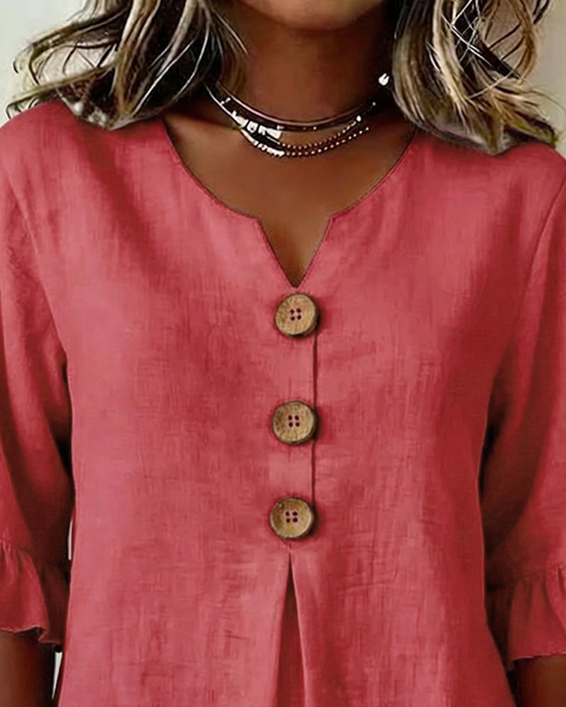 Sofía - Blusas de color liso, de algodón y lino, con botones de madera y volantes
