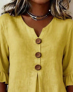 Sofía - Blusas de color liso, de algodón y lino, con botones de madera y volantes