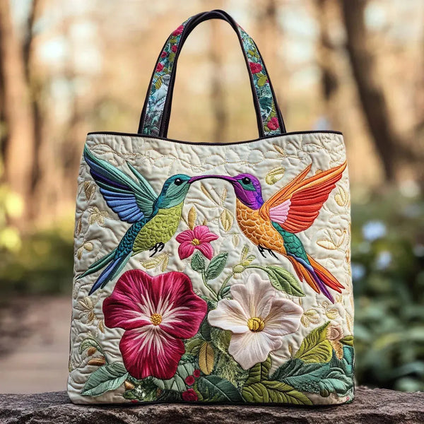 Colibrí y flores blancas | Bolso tote acolchado