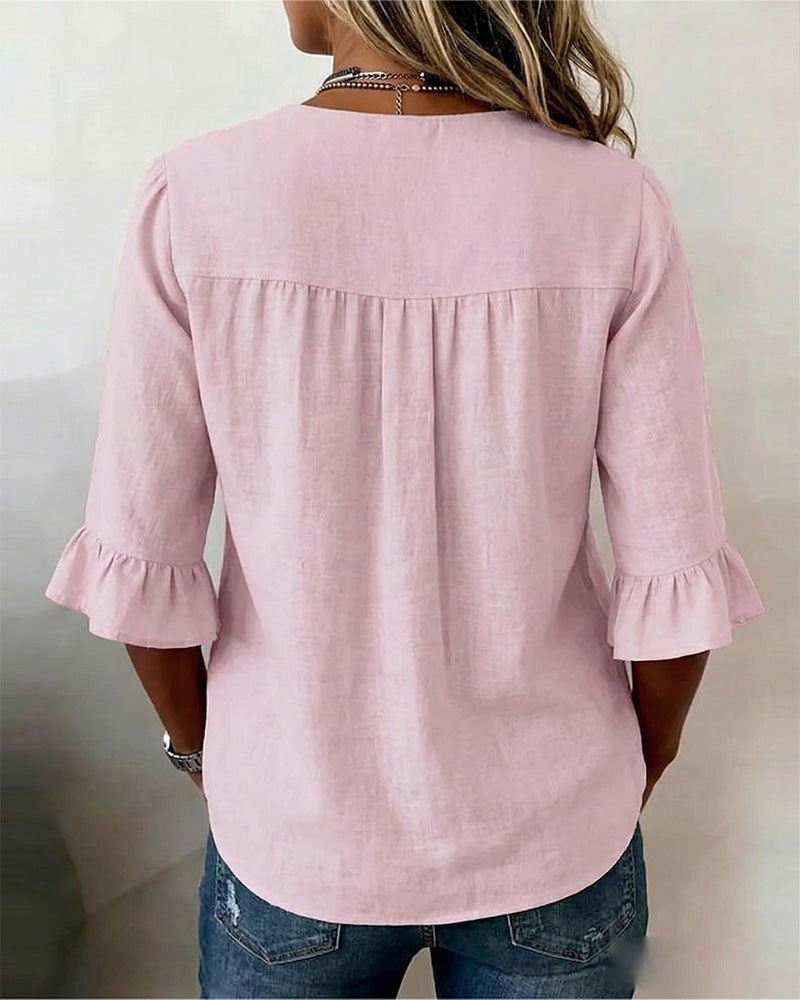 Sofía - Blusas de color liso, de algodón y lino, con botones de madera y volantes
