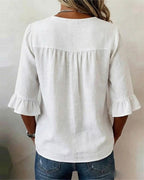 Sofía - Blusas de color liso, de algodón y lino, con botones de madera y volantes