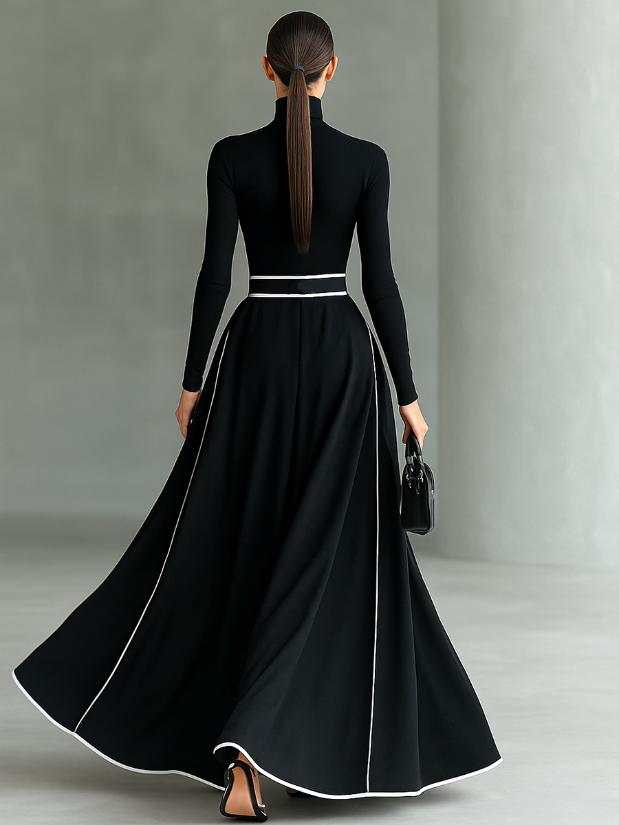 Gina | Vestido maxi de cuello alto con costuras en contraste