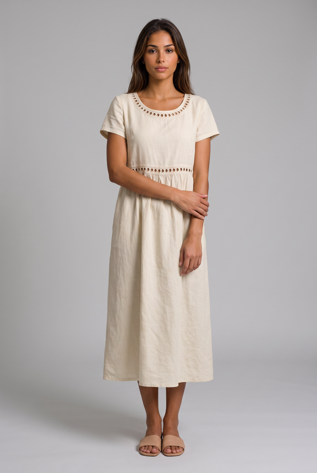 Livia | Vestido midi bordado de mezcla de lino