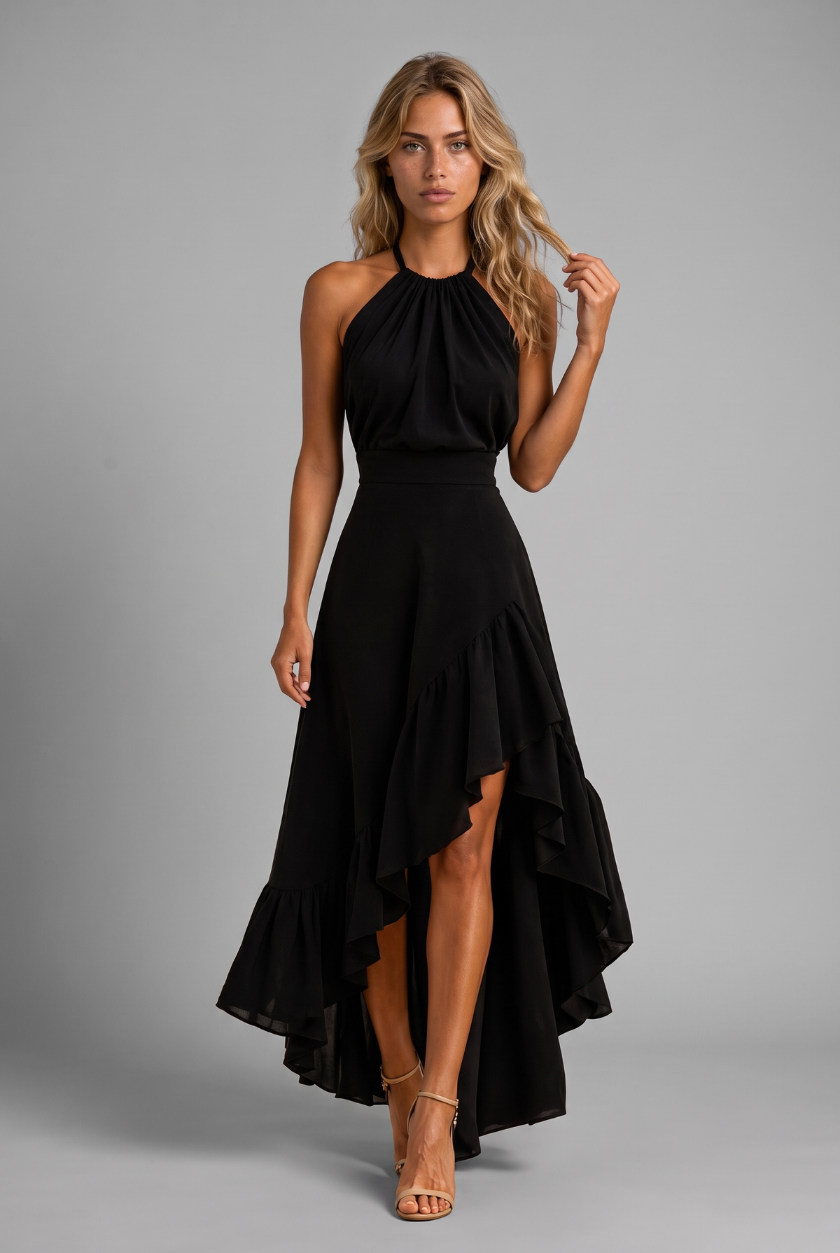 Sara | Vestido halter con volantes asimétricos