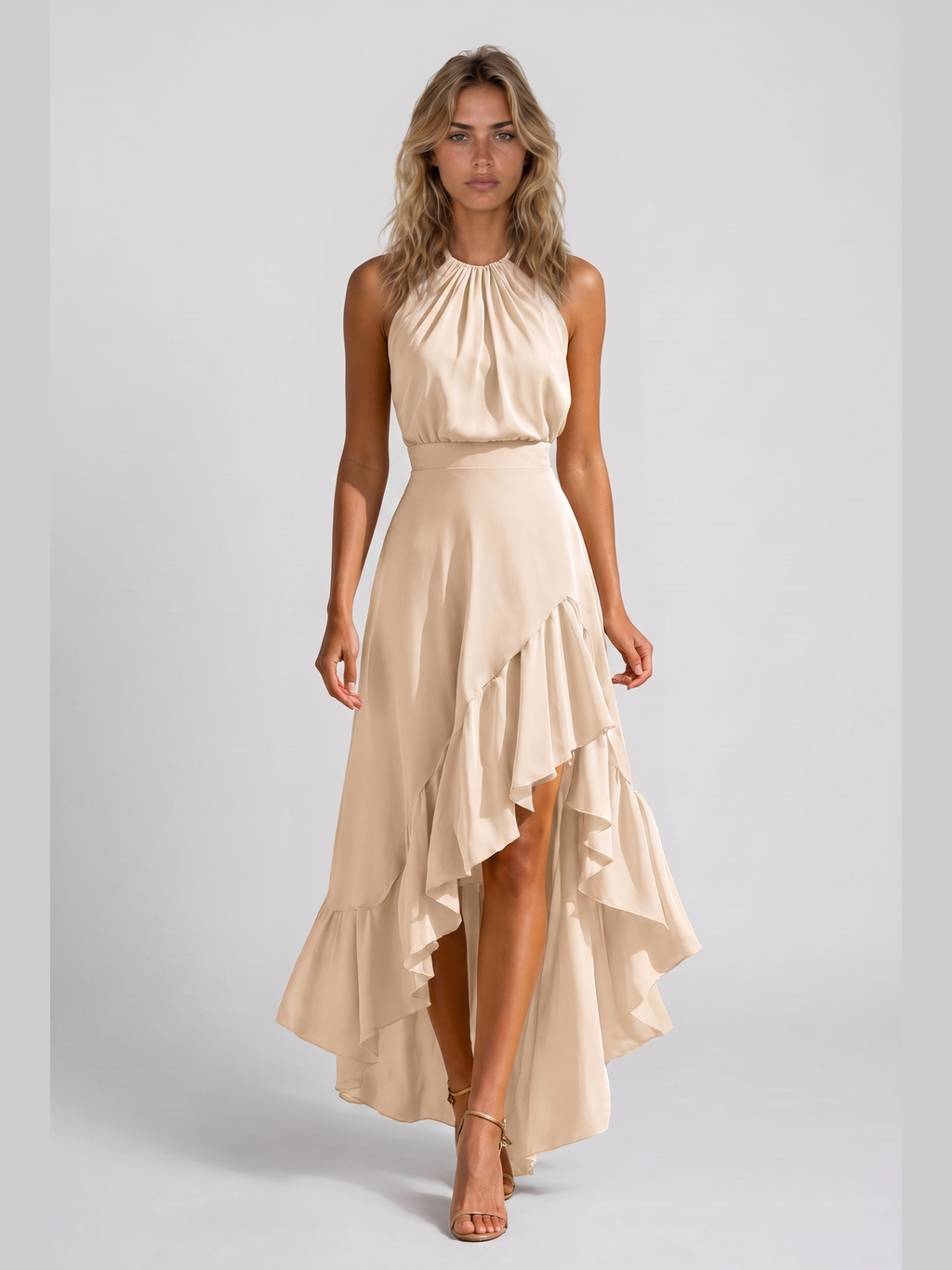 Sara | Vestido halter con volantes asimétricos