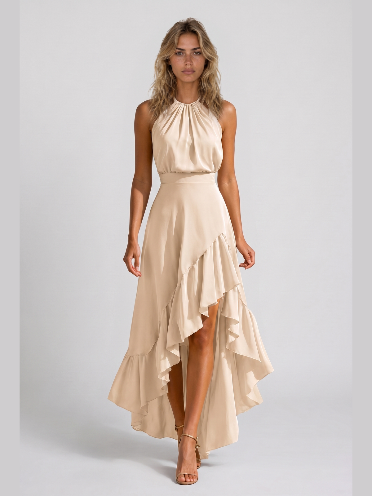 Sara | Vestido halter con volantes asimétricos