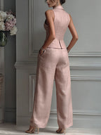 Donna - Conjunto de dos piezas para mujer con cuello en V y botones