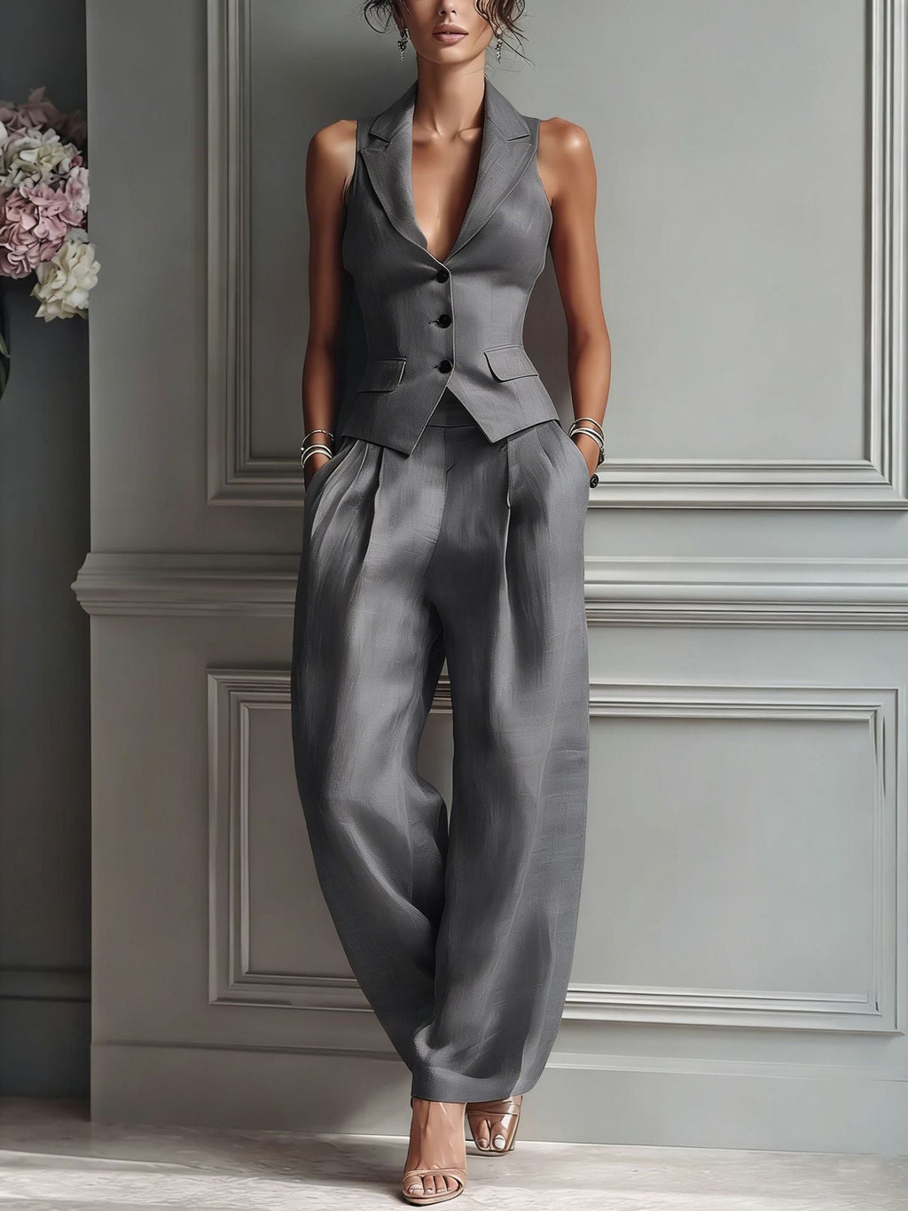 Donna - Conjunto de dos piezas para mujer con cuello en V y botones