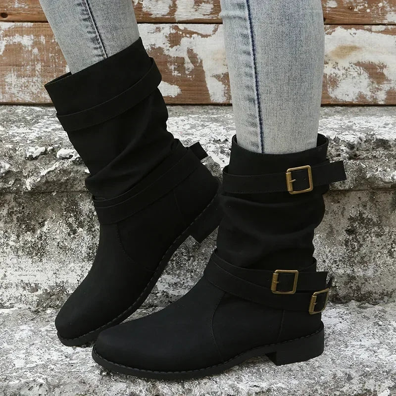 Olivia | Botas planas retro con hebillas