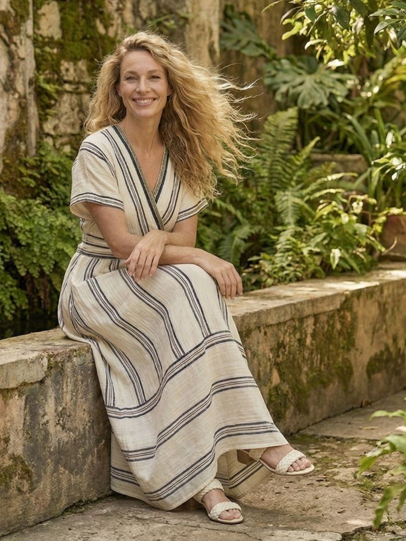 Alexia | Vestido midi entallado con escote en V y mangas cortas