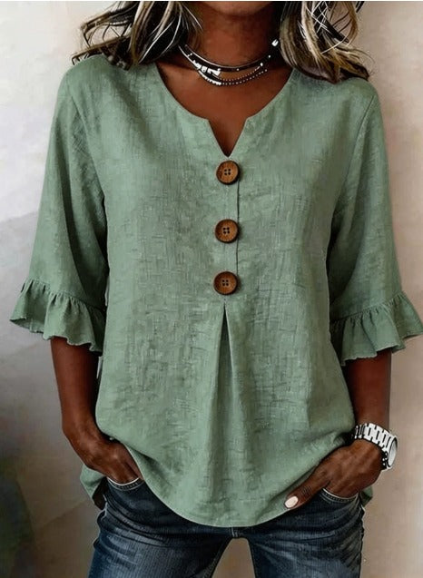 Sofía - Blusas de color liso, de algodón y lino, con botones de madera y volantes
