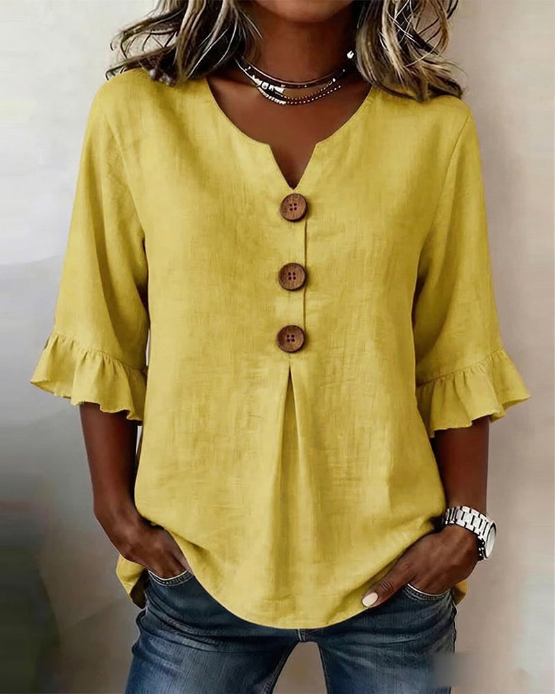 Sofía - Blusas de color liso, de algodón y lino, con botones de madera y volantes