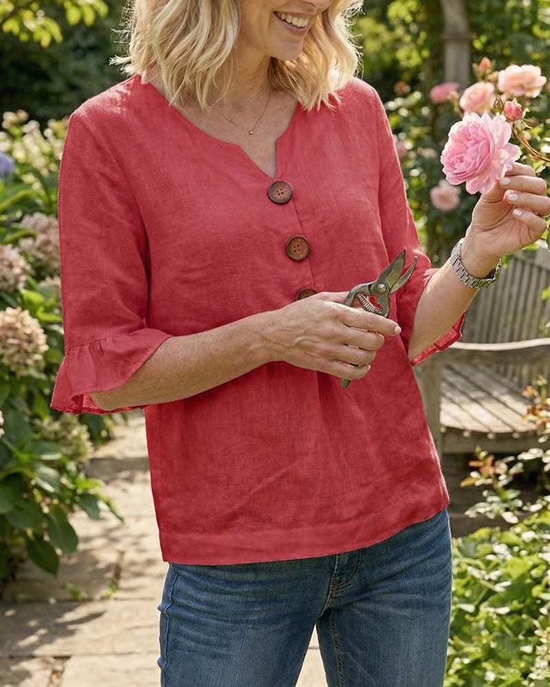 Sofía - Blusas de color liso, de algodón y lino, con botones de madera y volantes