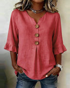 Sofía - Blusas de color liso, de algodón y lino, con botones de madera y volantes