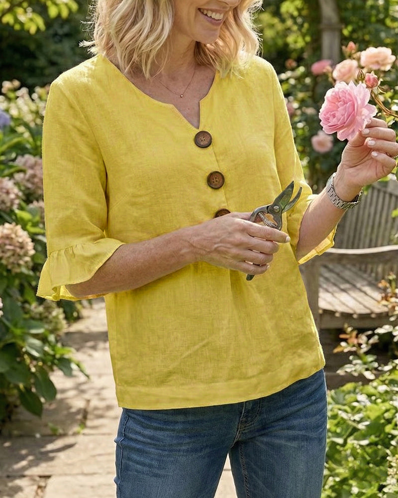 Sofía - Blusas de color liso, de algodón y lino, con botones de madera y volantes