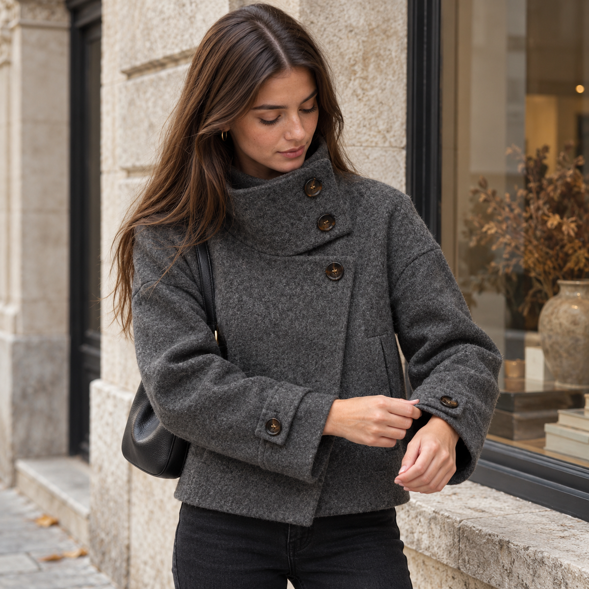 Nerea | Chaquetón de cuello alto con botones asimétricos