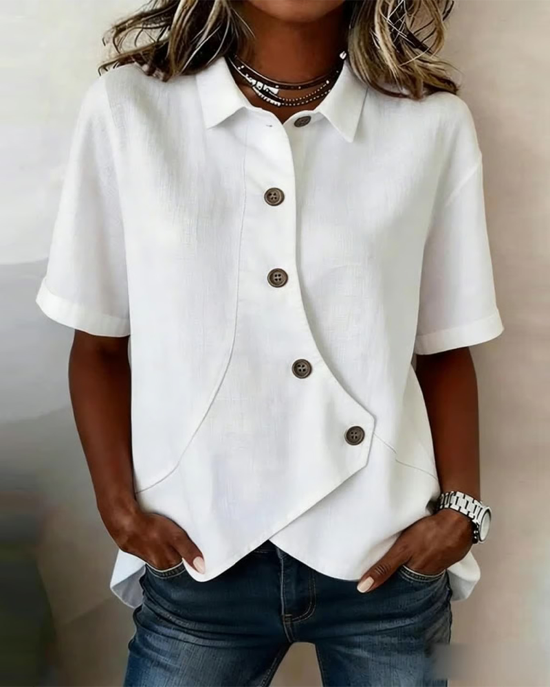 Julia - Blusa asimétrica de algodón y lino con botones