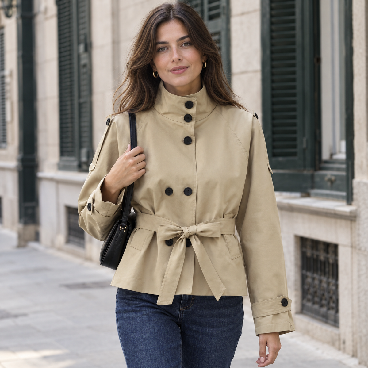 Pilar | Gabardina corta con cuello alto y cinturón