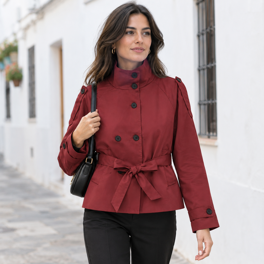 Pilar | Gabardina corta con cuello alto y cinturón