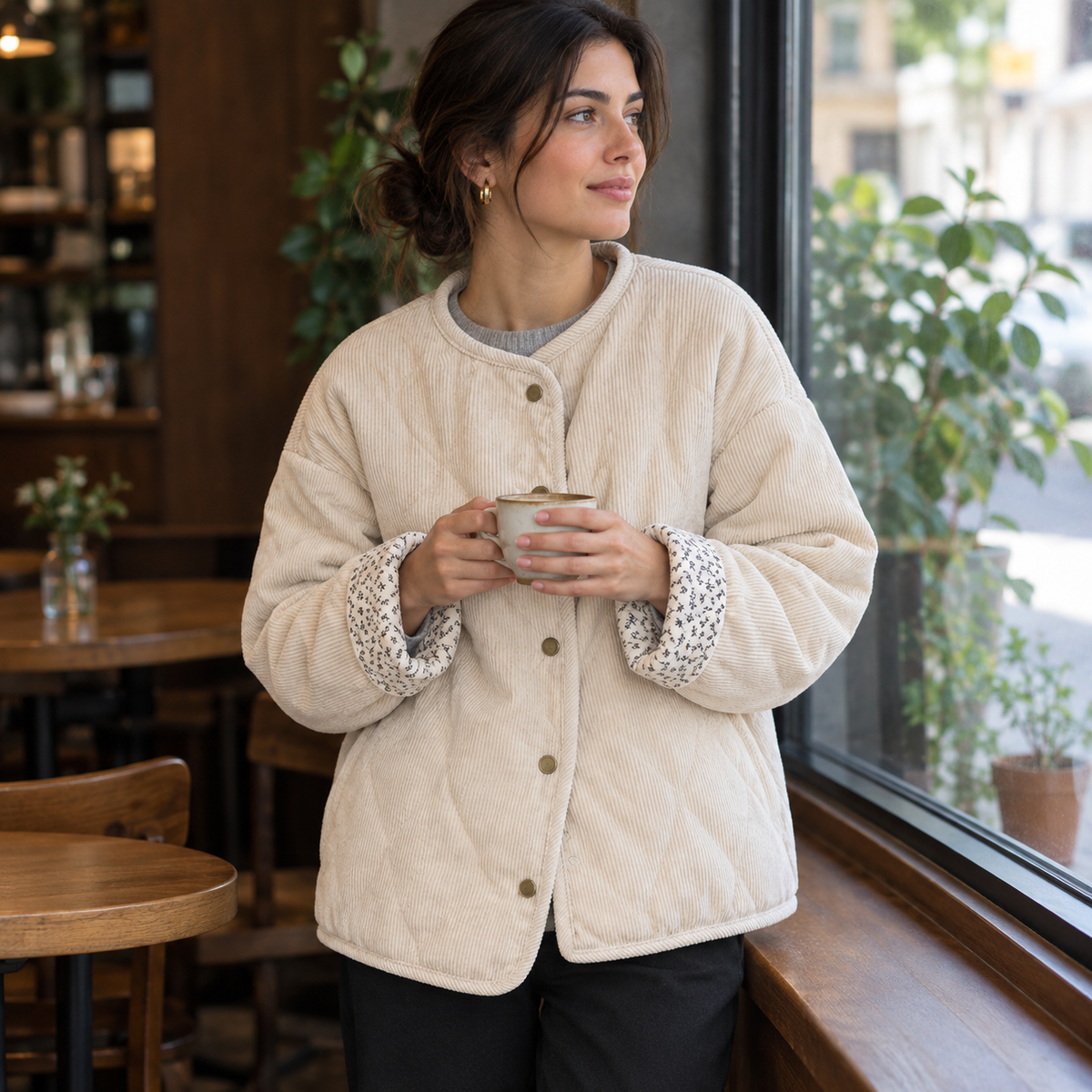 Sonia | Chaqueta guateada beige con forro de flores