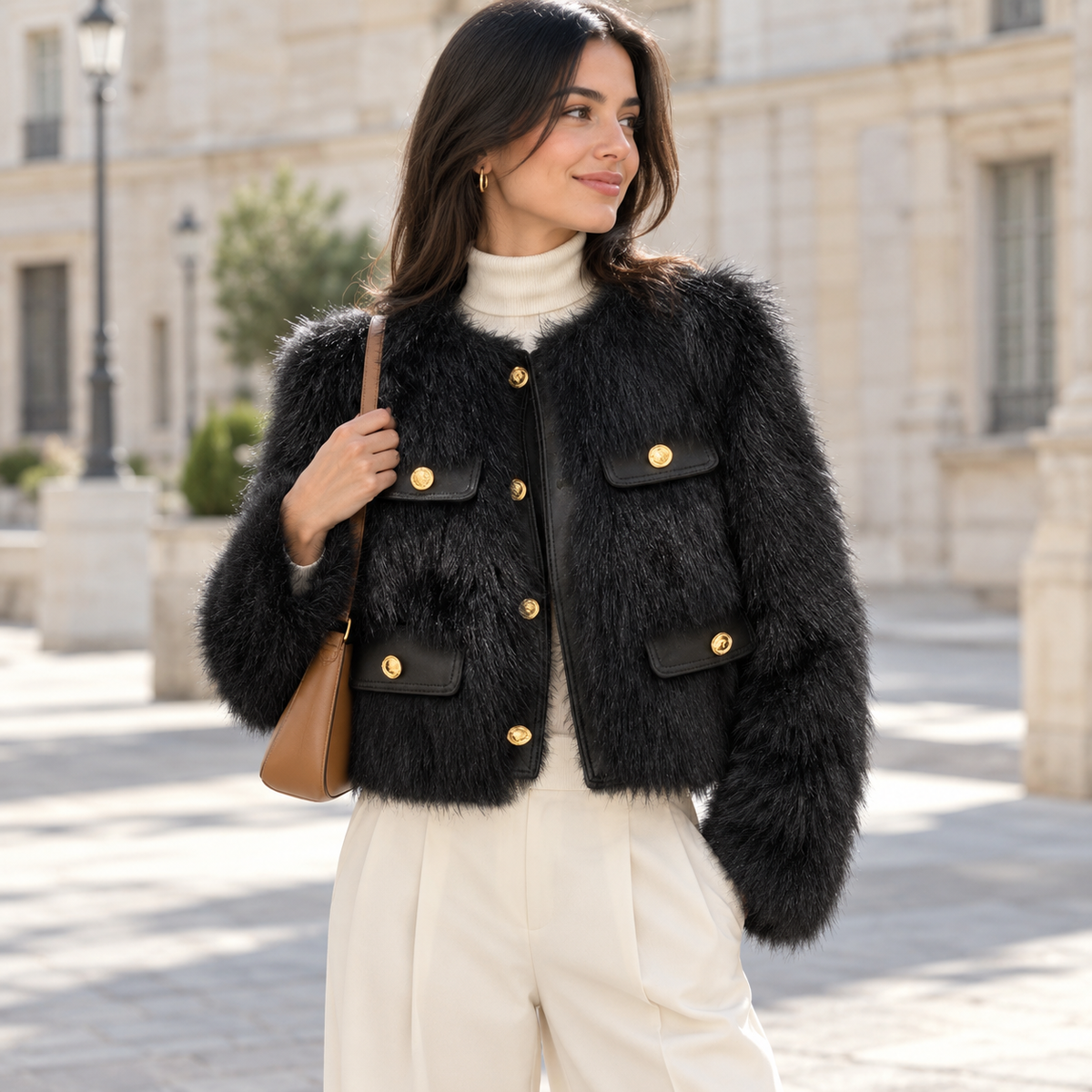 Susana | Chaqueta corta de pelo con botones dorados