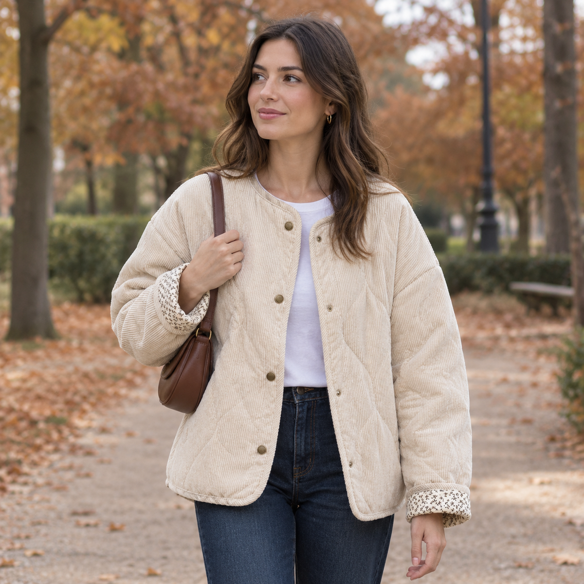 Sonia | Chaqueta guateada beige con forro de flores
