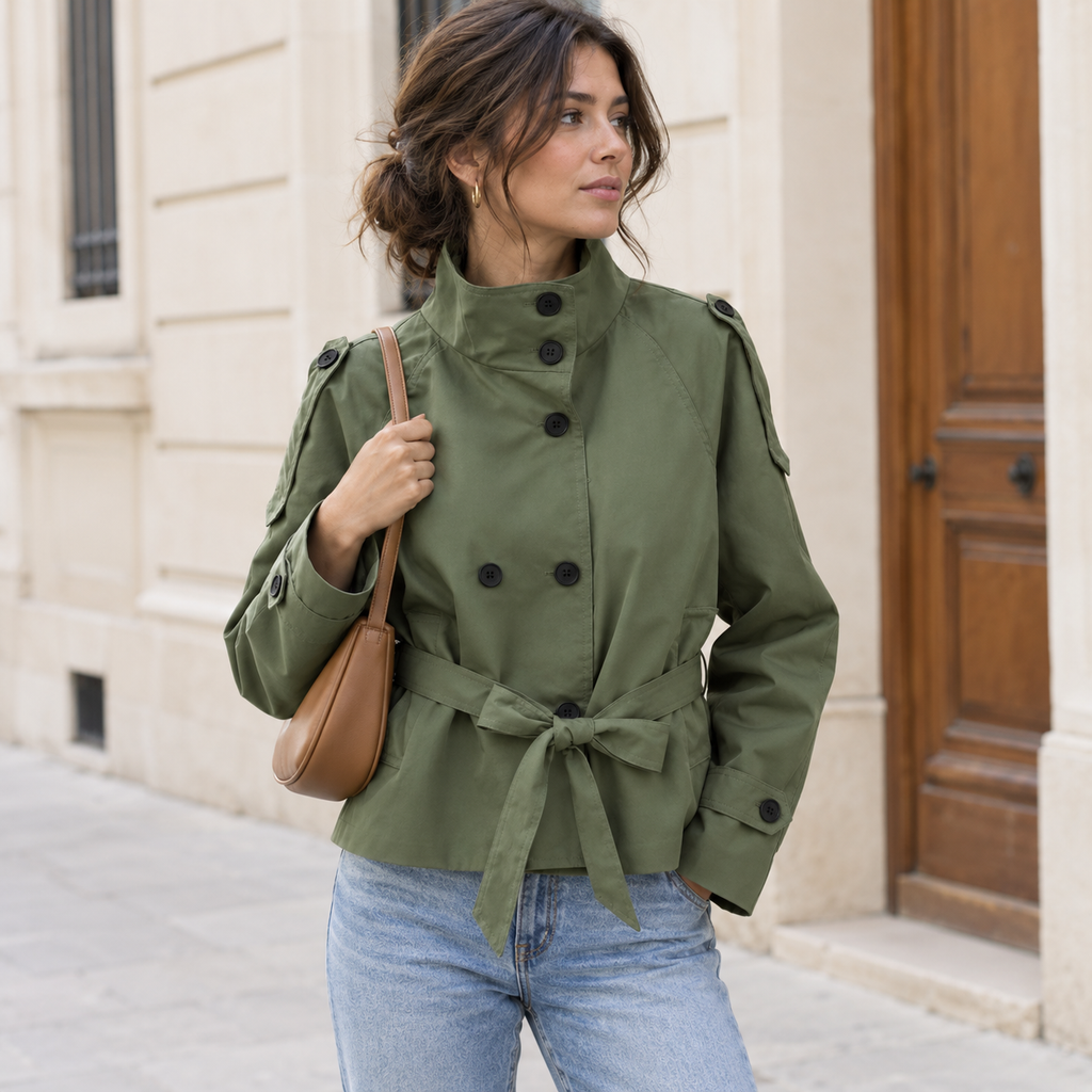 Pilar | Gabardina corta con cuello alto y cinturón