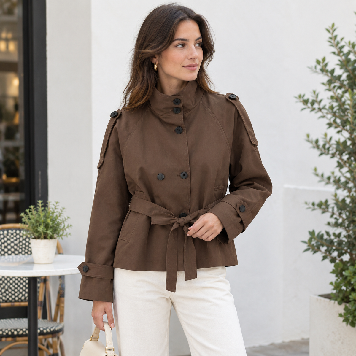 Pilar | Gabardina corta con cuello alto y cinturón