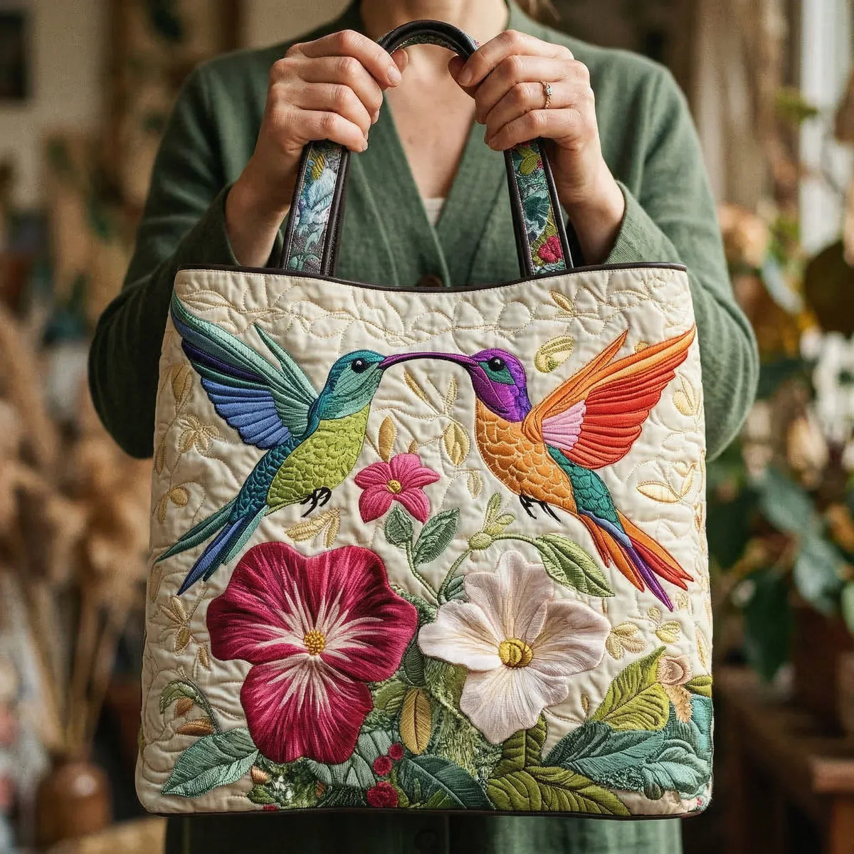 Bolso artesanal Colibrí y flores blancas