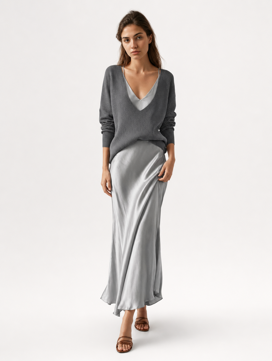 Velmira | Vestido satinado con jersey a juego