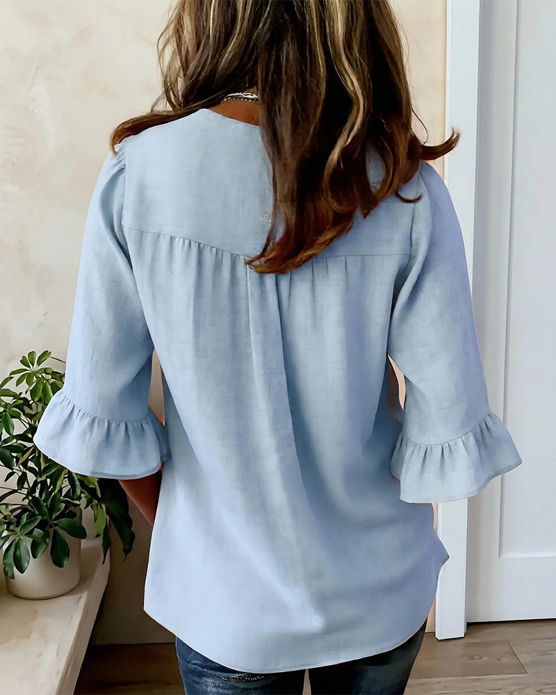 Sofía - Blusas de color liso, de algodón y lino, con botones de madera y volantes
