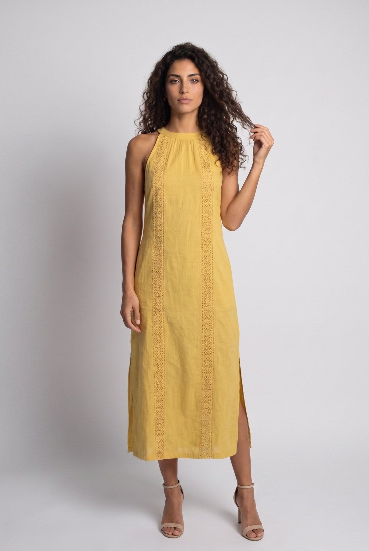 Jimena | Vestido midi de lino con cuello mao