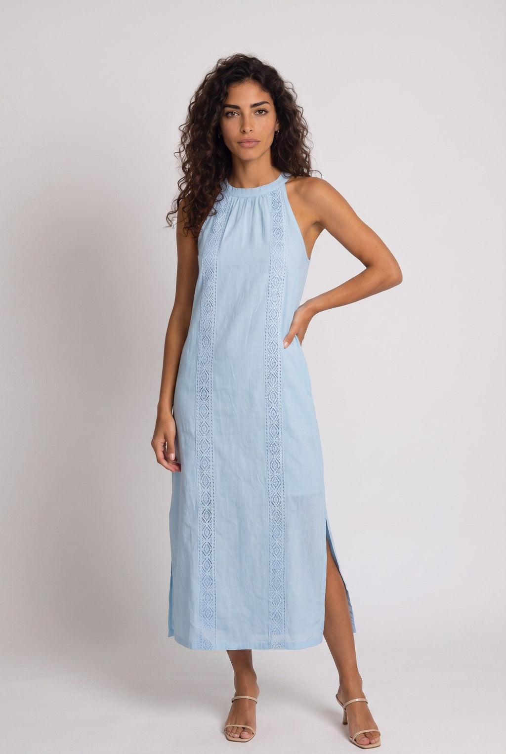 Jimena | Vestido midi de lino con cuello mao