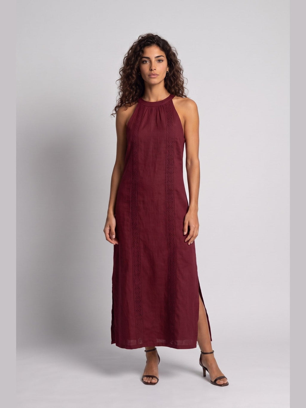 Jimena | Vestido midi de lino con cuello mao
