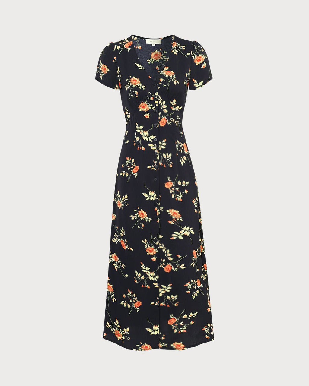 Vestido largo negro de manga corta con cuello en V y estampado floral