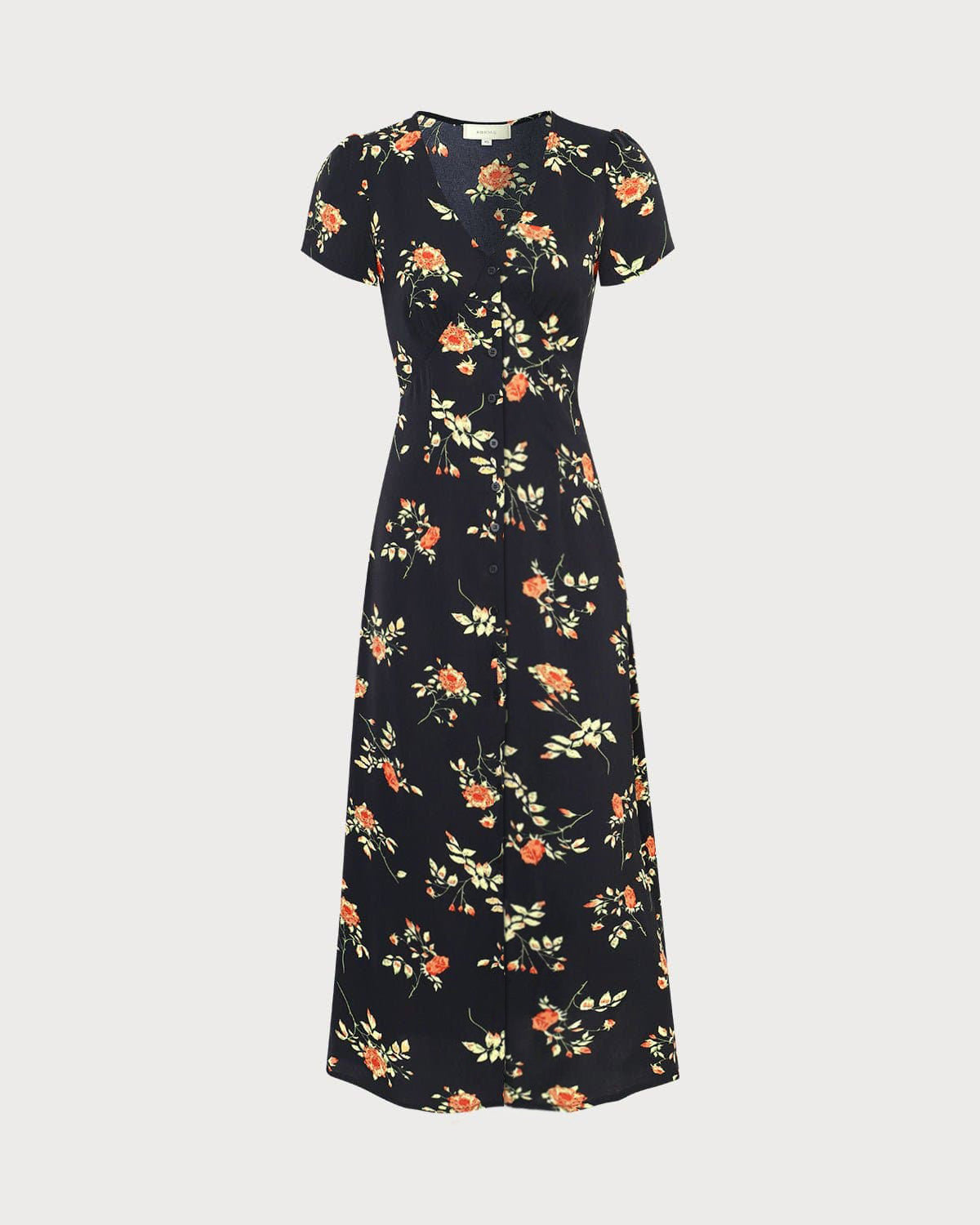 Vestido largo negro de manga corta con cuello en V y estampado floral