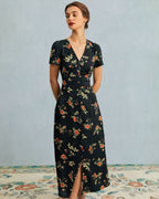 Vestido largo negro de manga corta con cuello en V y estampado floral